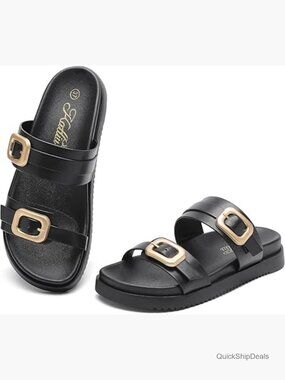 Double Buckle Slide Sandals with Arch Support - Comfort Flats